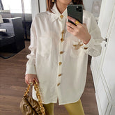 Blouse Pure White Vertical Striped Shirt With Gold Buttons